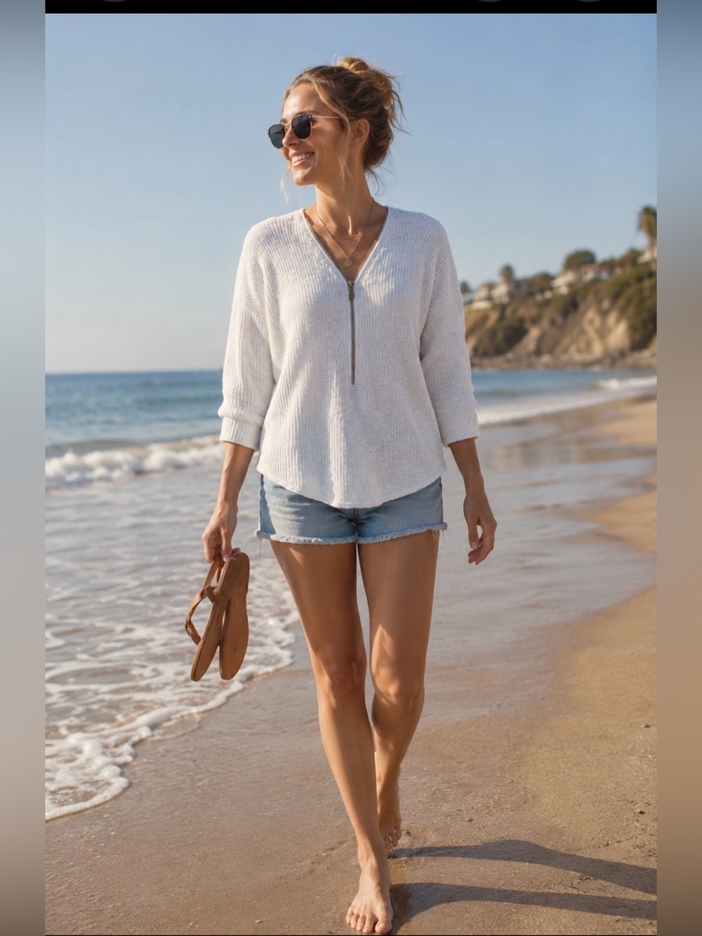 Sweet Summer Romantic Cotton Beachy Half Zip Top